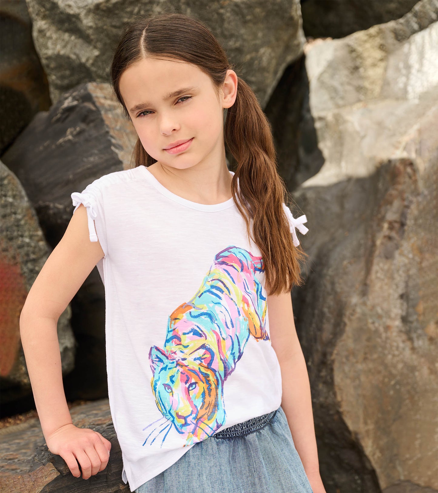 Girls Tiger Cinched Shoulder Top