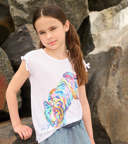 Girls Tiger Cinched Shoulder Top