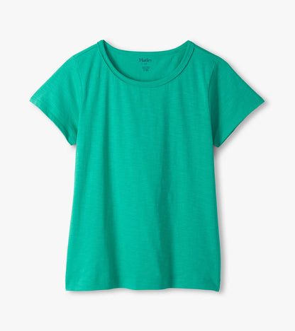 Teal short-sleeve crew neck T-shirt with a relaxed fit, shown front view on a white background