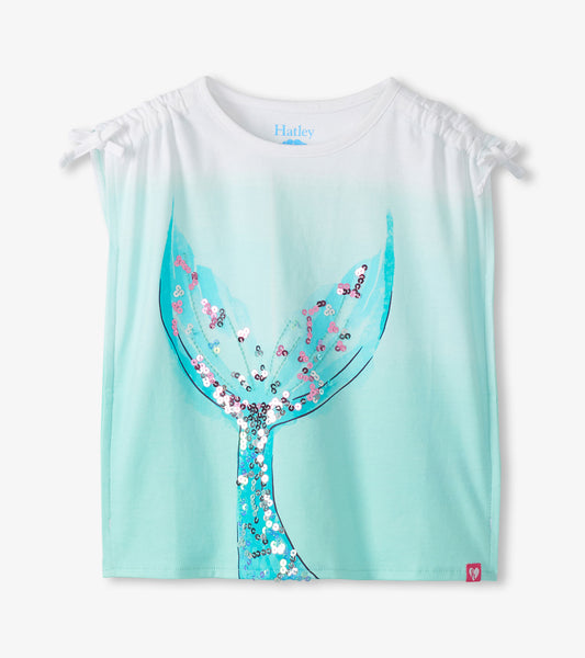 Girls white-to-aqua short-sleeve top with sequined mermaid tail graphic and shoulder ties, front view