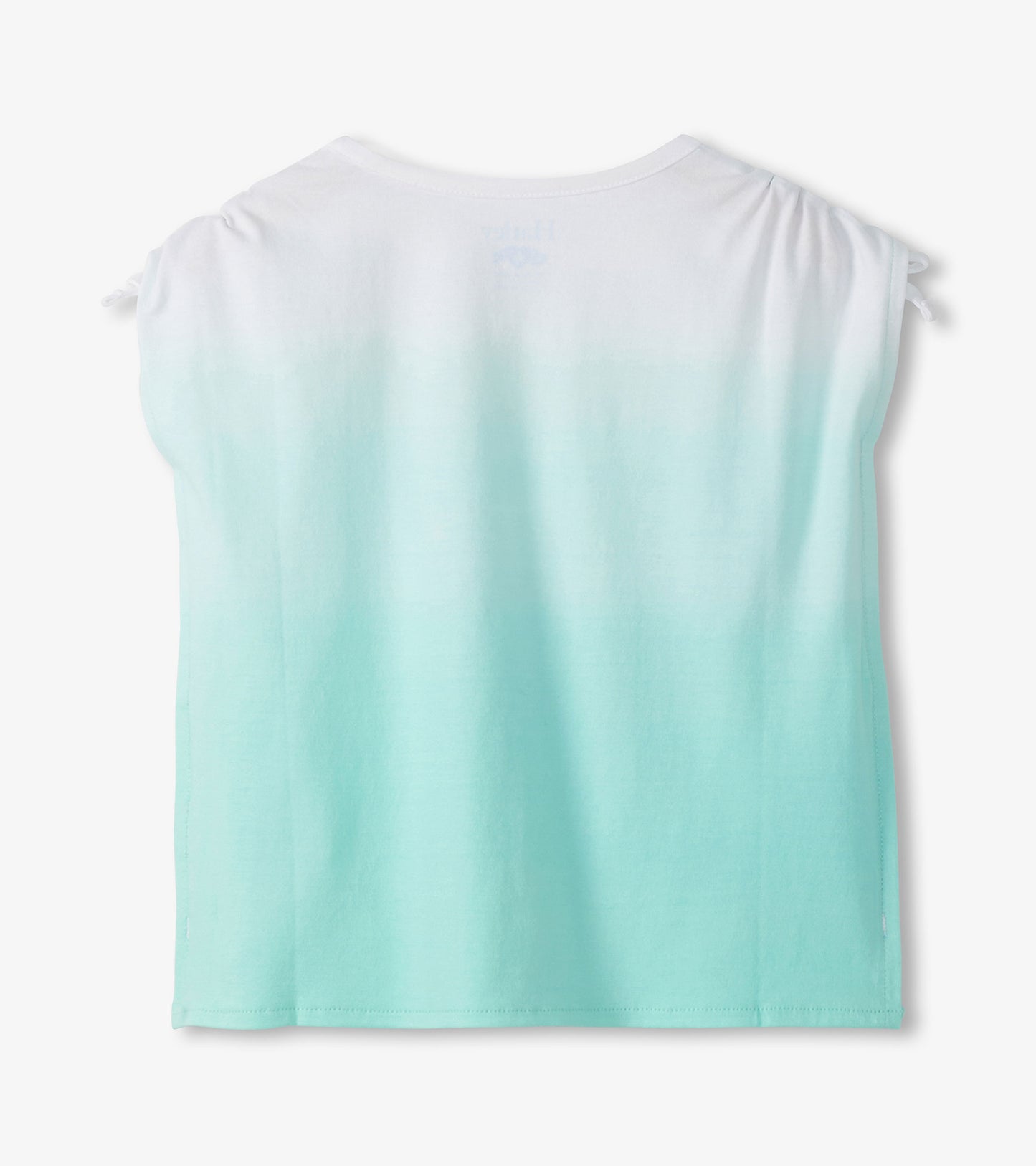 Girls sleeveless gradient top with white-to-mint ombré and cinched shoulders, back view
