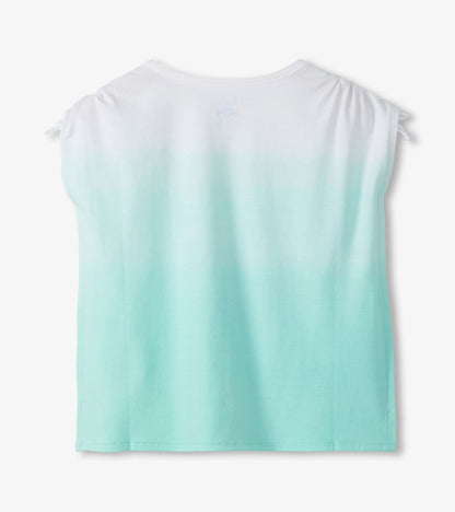 Girls sleeveless gradient top with white-to-mint ombré and cinched shoulders, back view