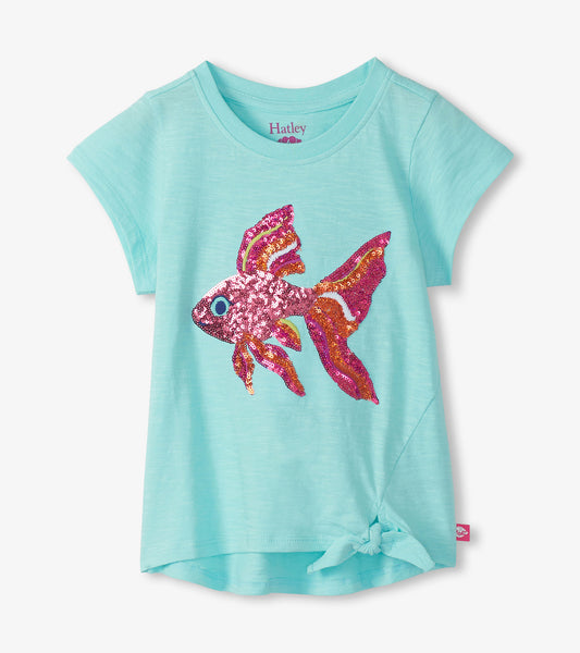Light aqua girls T-shirt with sequined tropical fish graphic and front tie hem, short sleeves.
