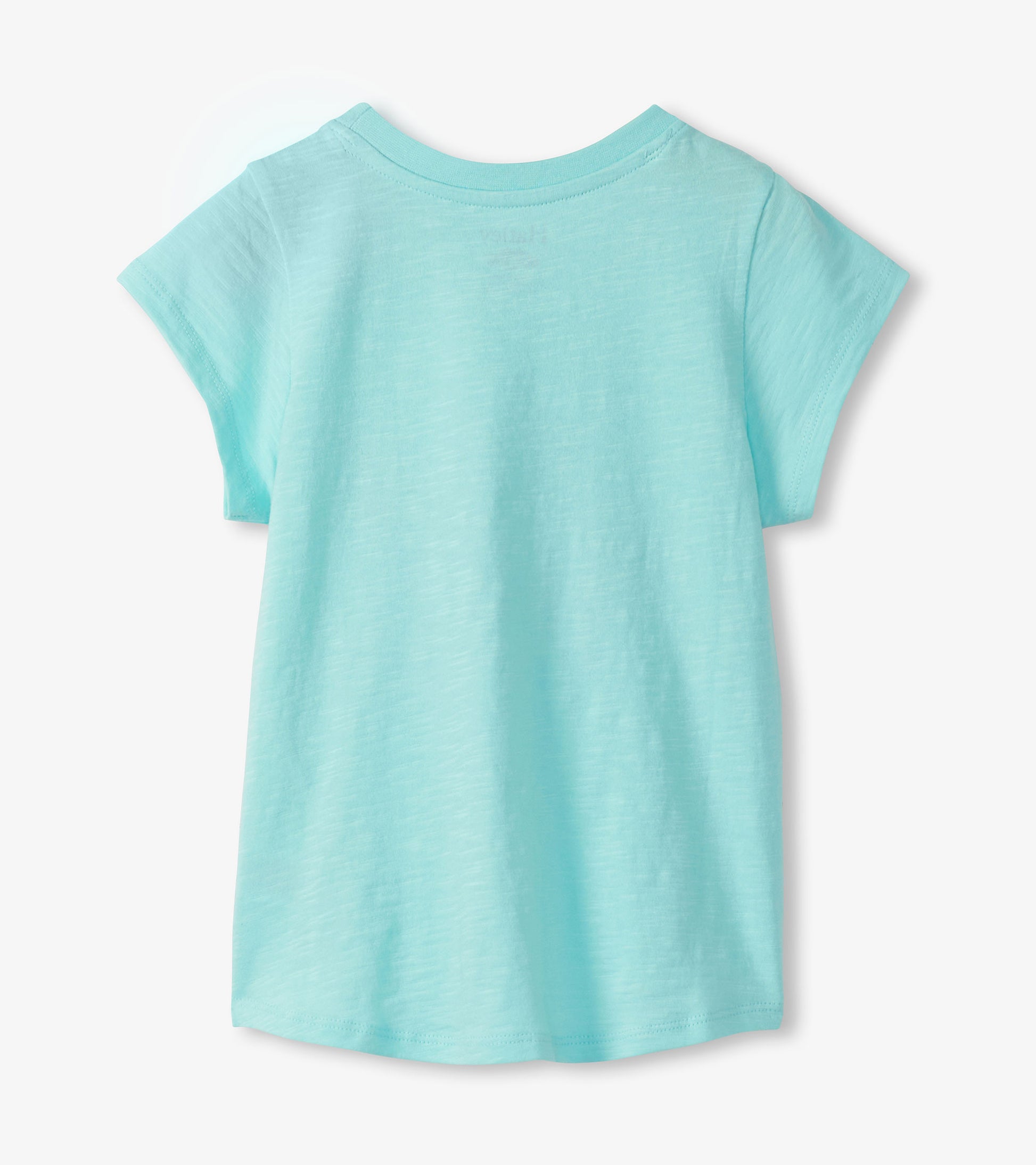 Light aqua girls short-sleeve T-shirt with a crew neck and tie-front hem, back view