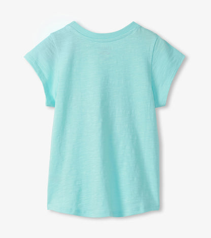 Light aqua girls short-sleeve T-shirt with a crew neck and tie-front hem, back view