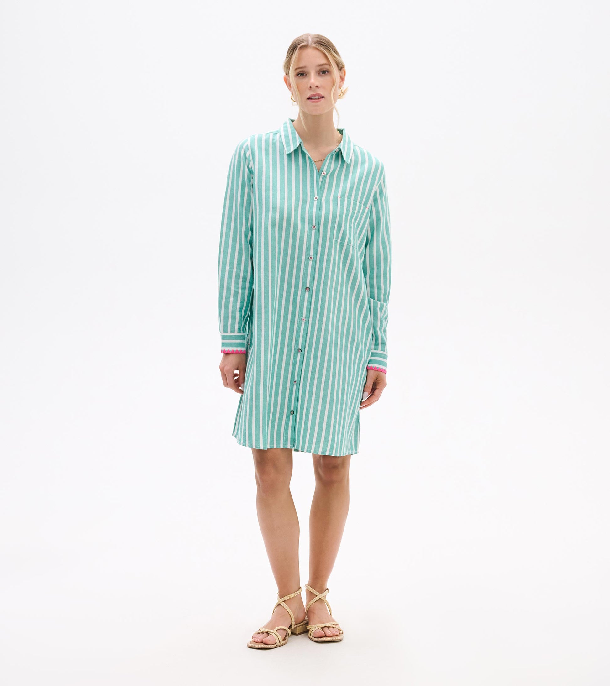 green striped shirt dress Olivia Button Up Maxi tie Side slit hem Julia Shirt Dress - Arcadia