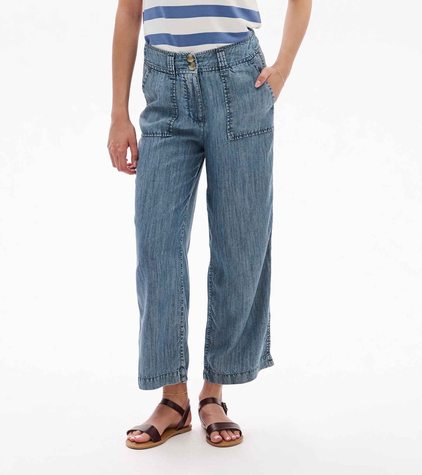 Blue acid-wash wide-leg denim pants with high waist and front pockets, worn on model