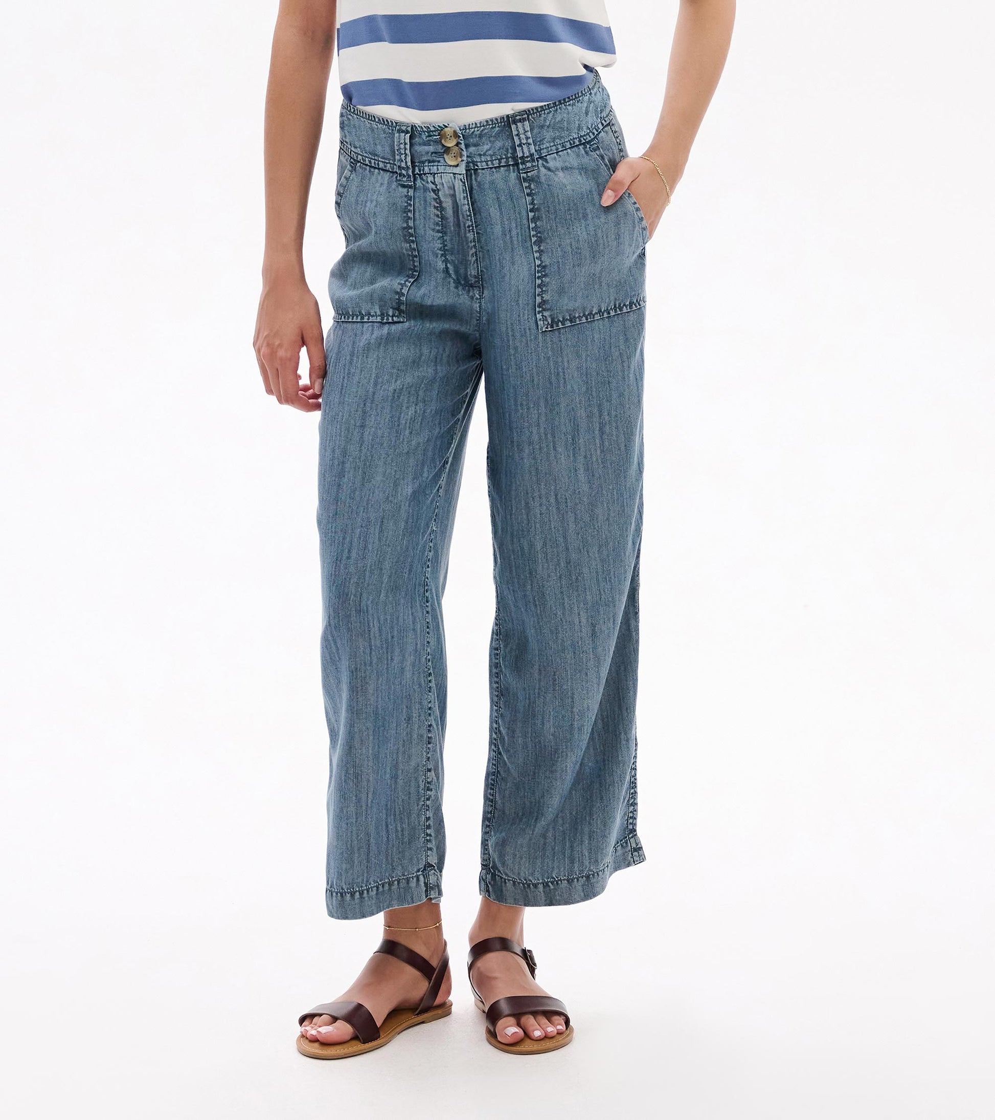 Blue acid-wash wide-leg denim pants with high waist and front pockets, worn on model