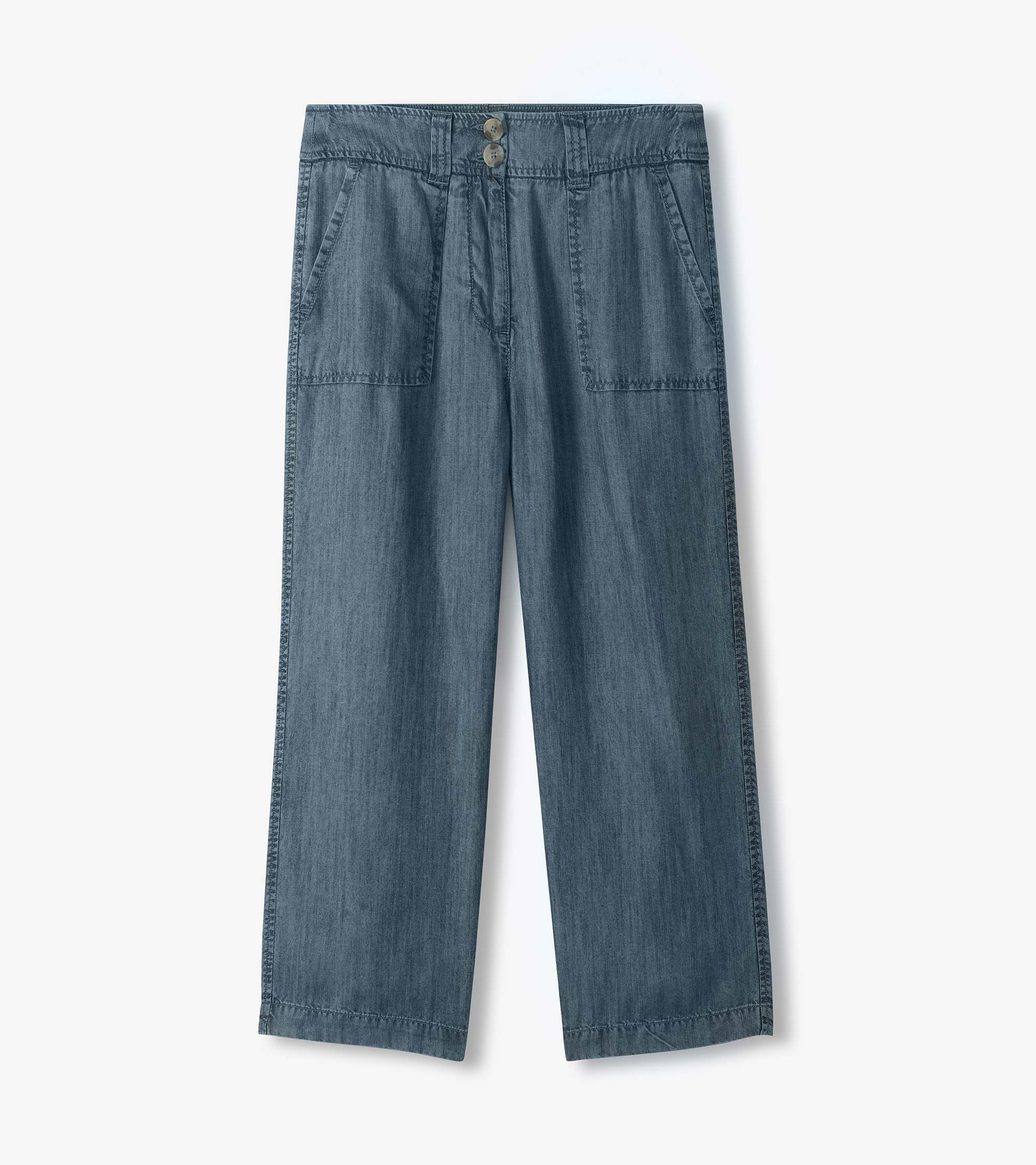 Blue wide-leg denim pants with high waist, front pockets, and button closure, shown flat front view