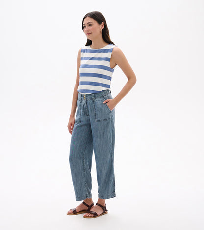 Blue acid wash wide-leg cropped jeans with front pockets, worn by a model in a front view.