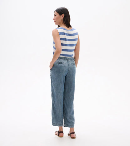 Back view of blue acid-wash wide-leg denim pants with cropped hem and pockets