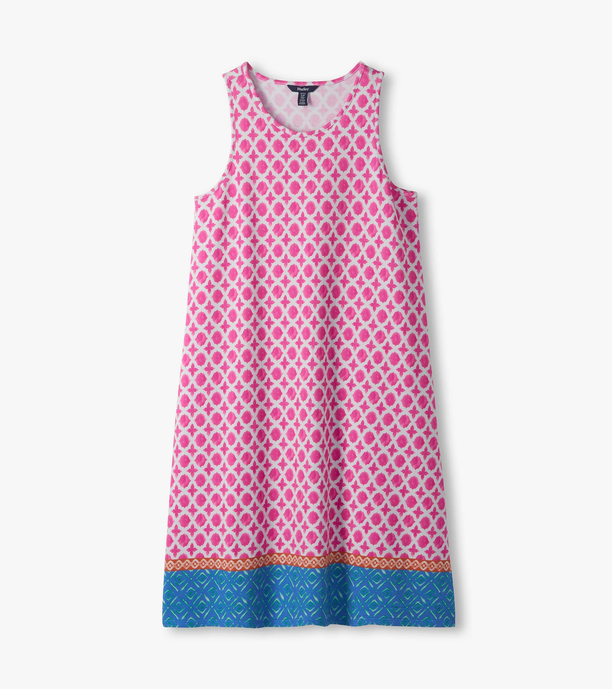 Sleeveless pink patterned dress with scoop neck and blue geometric hem, front view