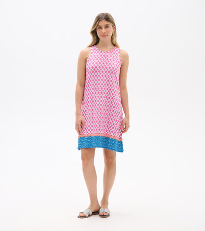 Sleeveless pink patterned shift dress with blue hem, front view