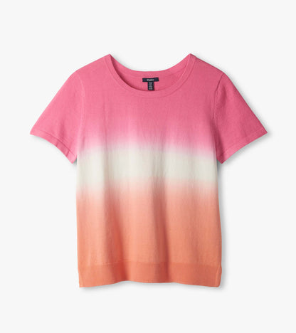 Pink-to-coral dip-dye knit tee with short sleeves and crew neckline, front view