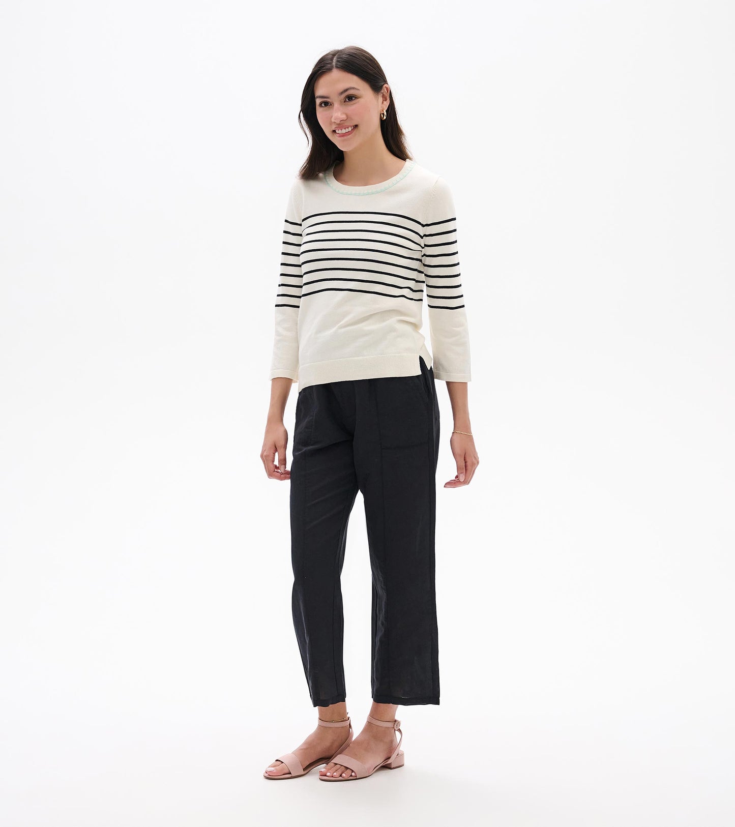 3/4 Sleeve Knit Top - Black Stripes
