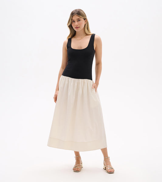 Robe mi-longue en matières mixtes – Noir et blanc murmure