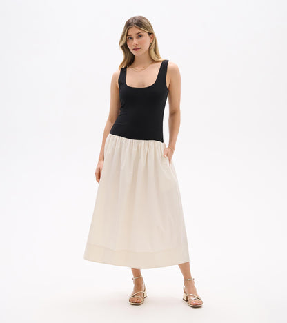 Robe mi-longue en matières mixtes – Noir et blanc murmure