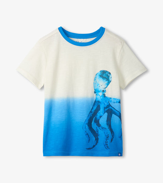 White short-sleeve boys tee with blue dip-dye hem and large blue octopus graphic on front