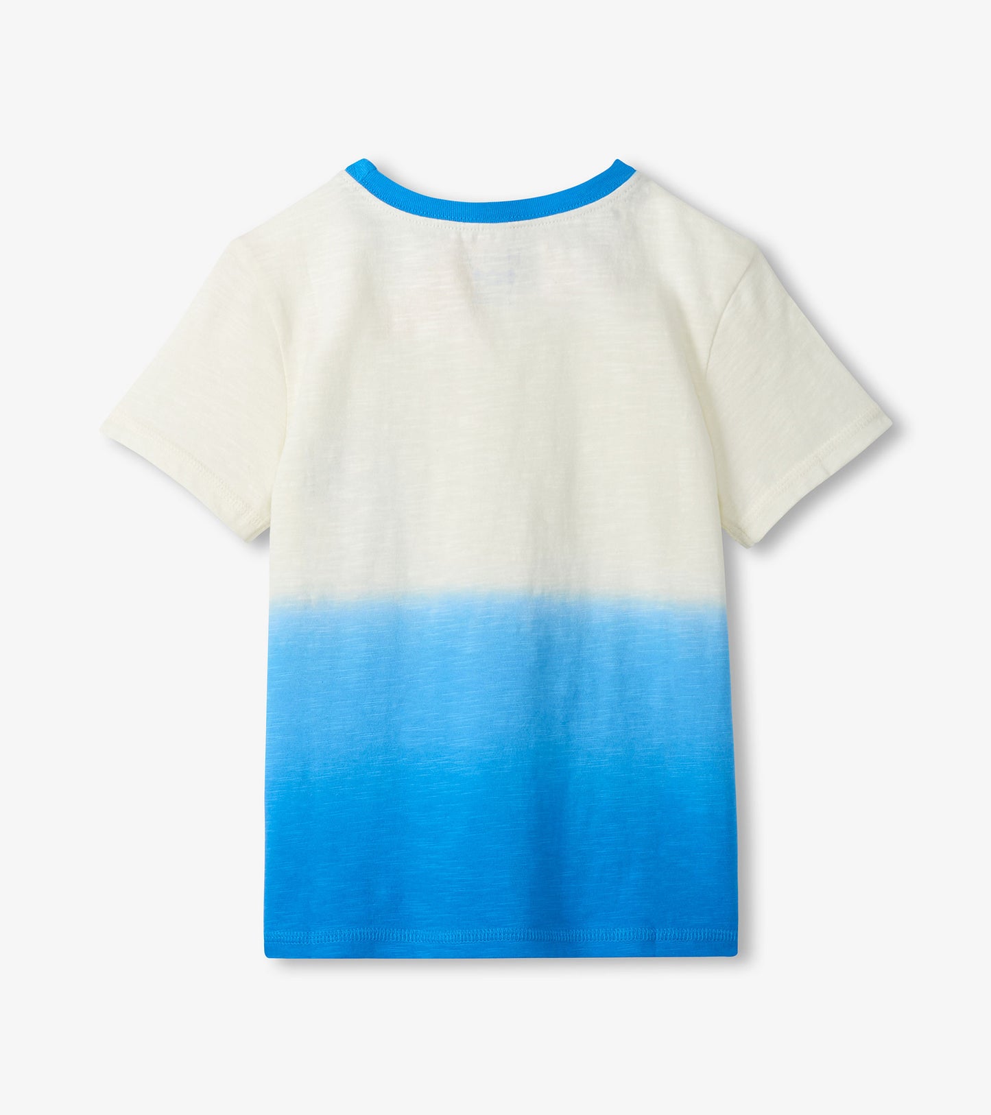 White and blue boys T-shirt with dip-dye gradient, short sleeves, and crew neck, back view