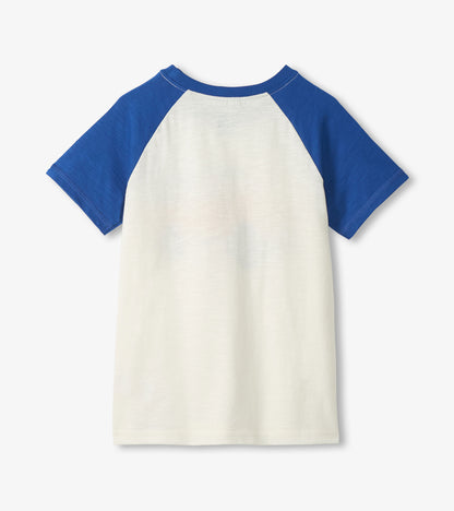 White and blue short-sleeve raglan cotton T-shirt, front view