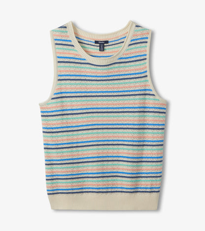 Front view of striped sleeveless knit tank with ribbed crew neck and hem
