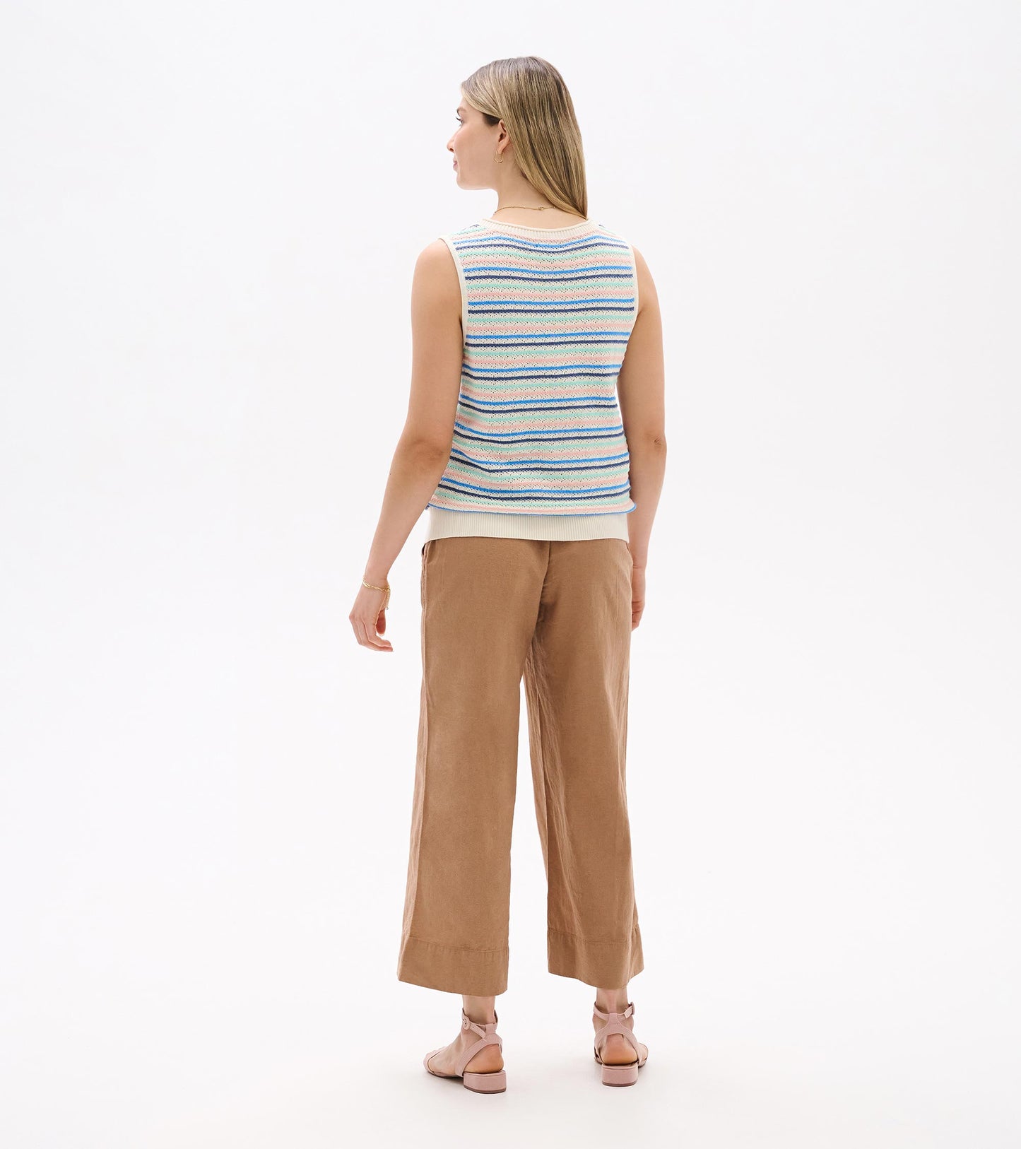 Back view of sleeveless striped knit tank with ribbed hem