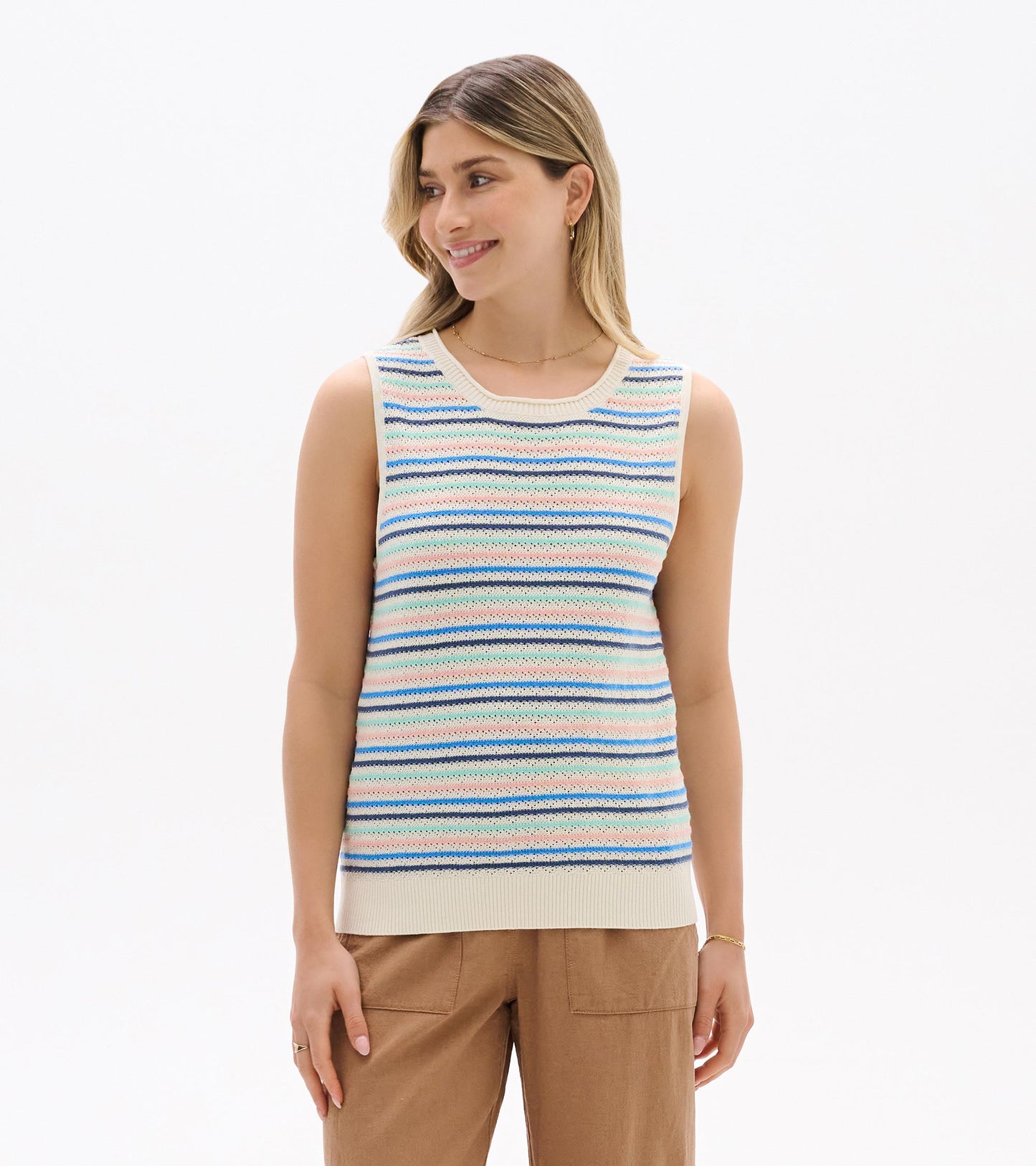 Sleeveless knit tank with cream base and blush, aqua, and blue stripes, shown from the front on a model