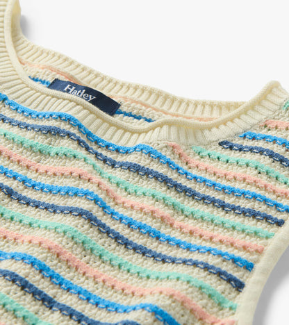 Close-up of ribbed crew neck and textured knit with blush, aqua, and blue stripes on a cream base