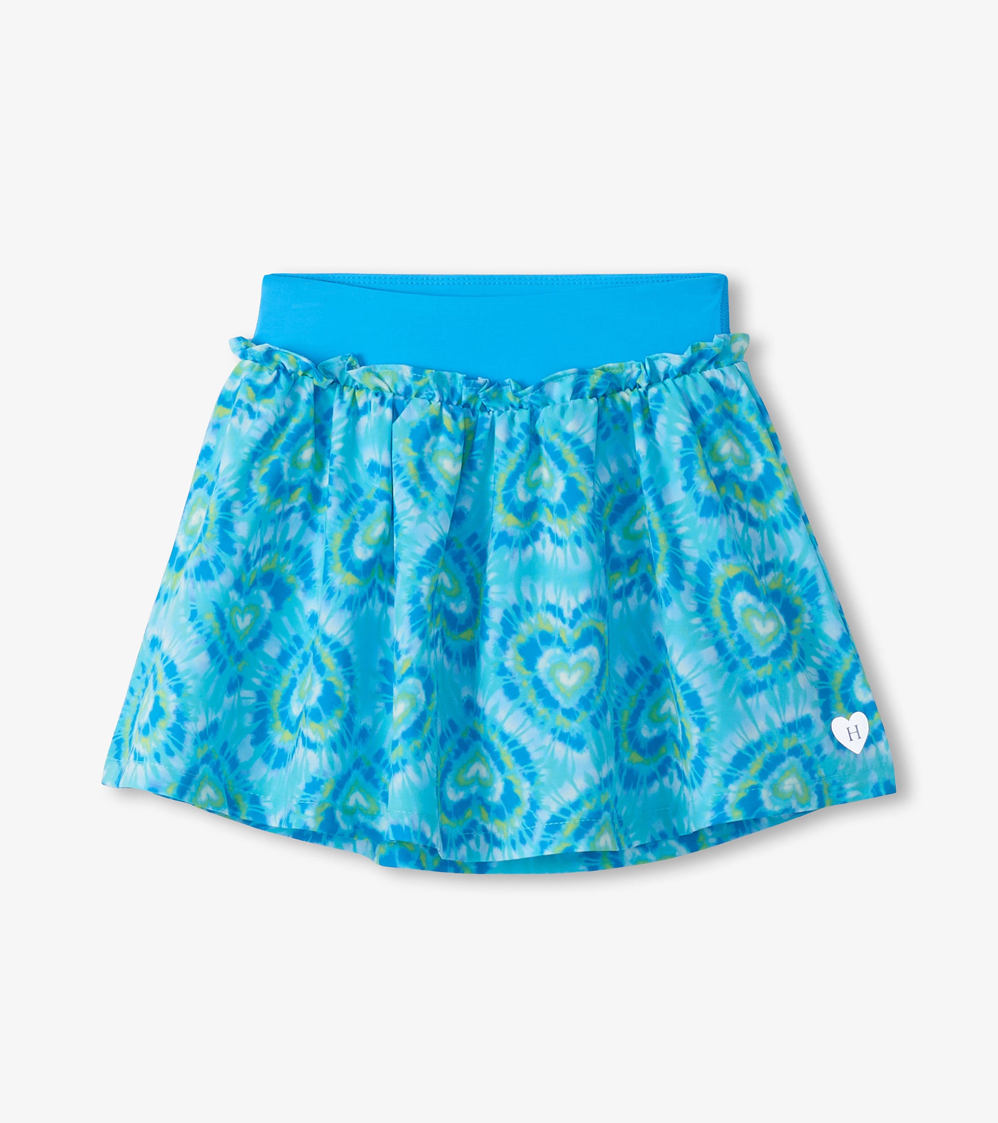 Blue ruffle skort with heart tie-dye pattern and wide blue waistband