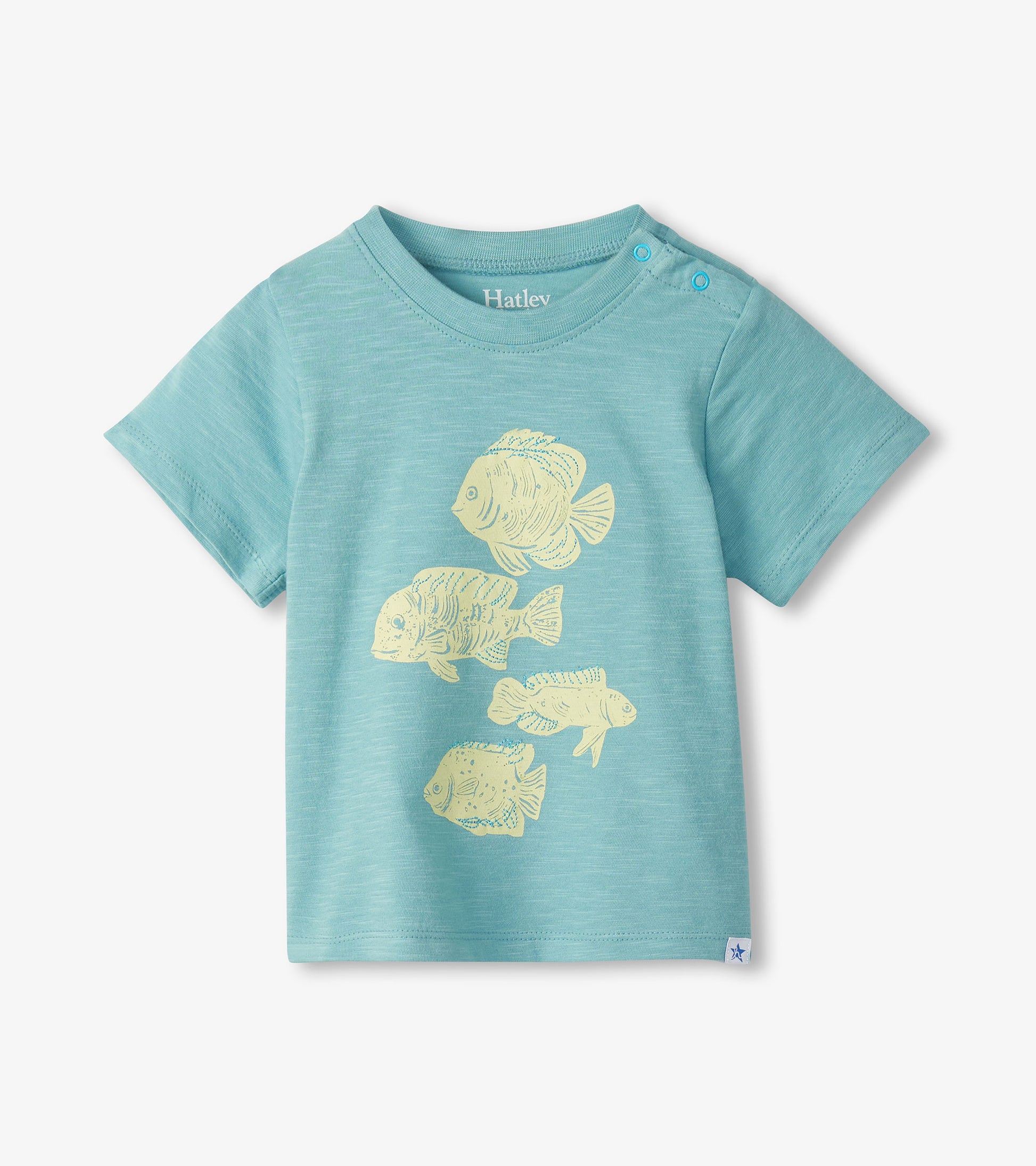 Light blue toddler T-shirt with short sleeves, fish graphic print, and shoulder snaps, front view