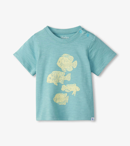 Light blue toddler T-shirt with short sleeves, fish graphic print, and shoulder snaps, front view