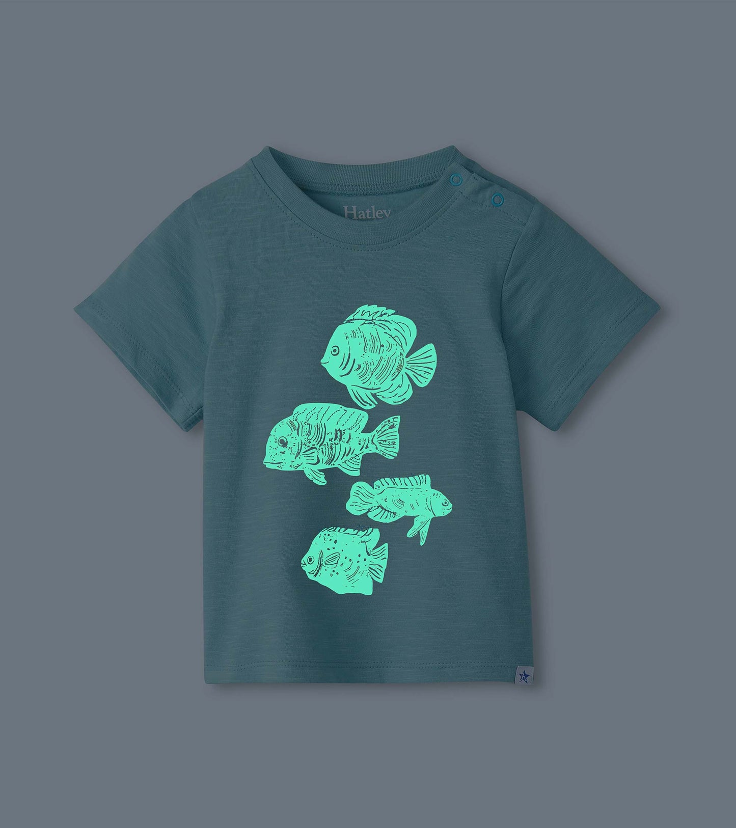 Dark teal toddler T-shirt with short sleeves and bright fish graphic on the front