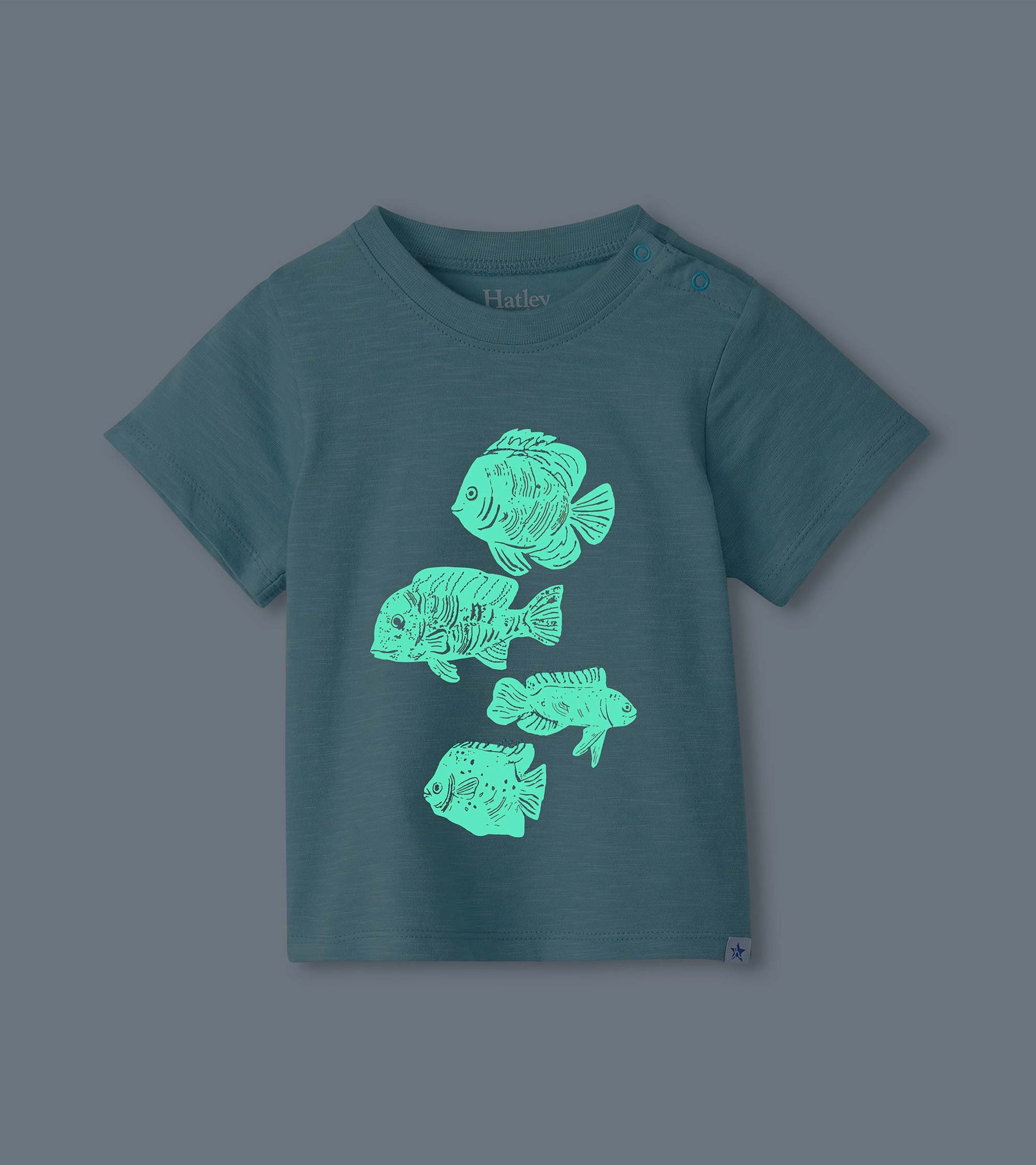 Dark teal toddler T-shirt with short sleeves and bright fish graphic on the front