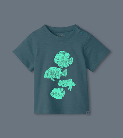 Dark teal toddler T-shirt with short sleeves and bright fish graphic on the front