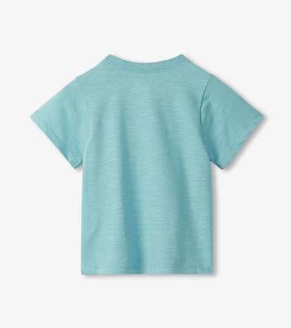 Light blue short-sleeve toddler T-shirt, back view, with heathered fabric and crew neck