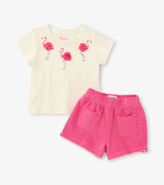 Cream short-sleeve T-shirt with pink flamingo appliqués and bright pink shorts with pockets, front view