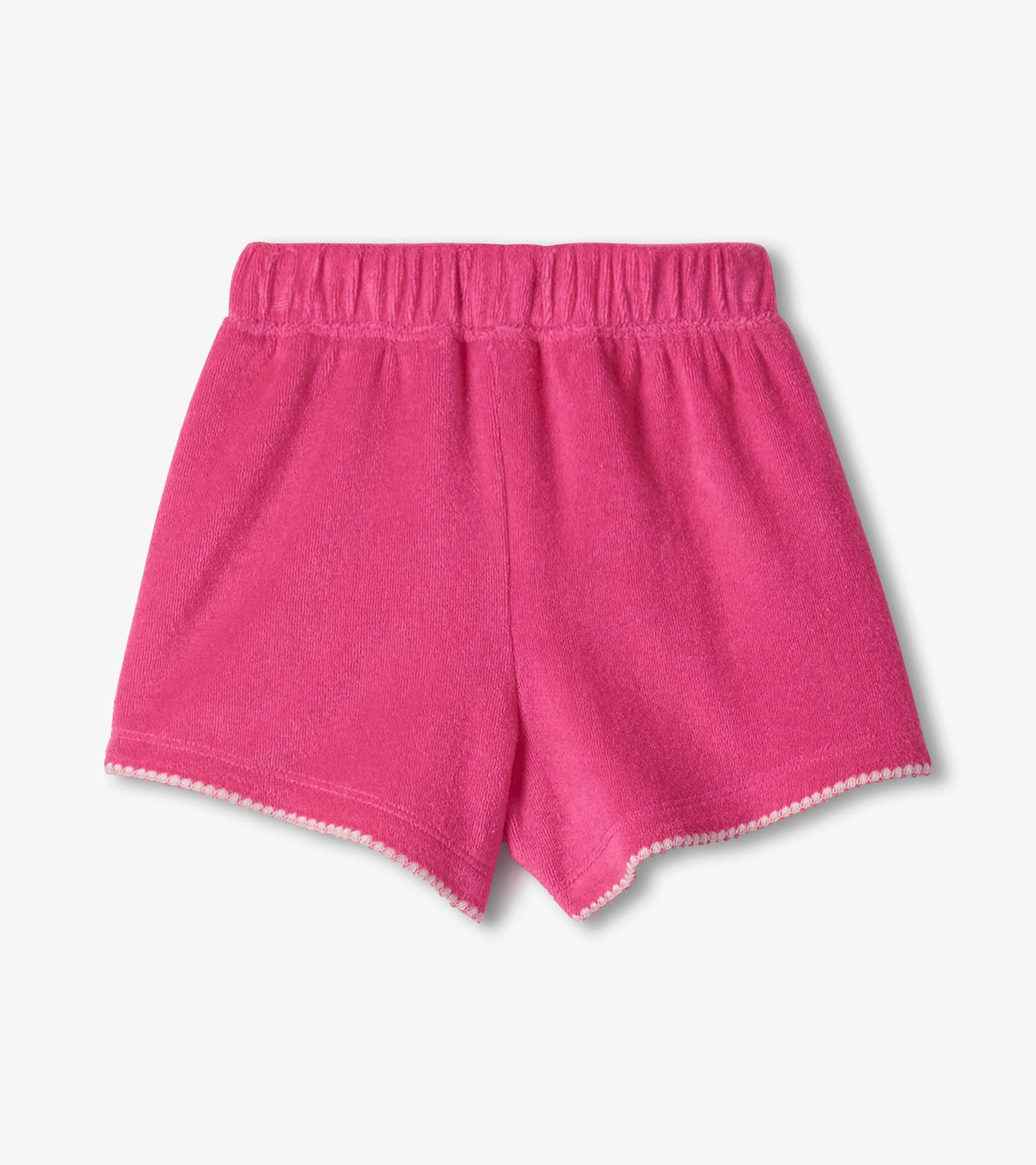 Pink knit toddler shorts with elastic waistband and scalloped hem, front view