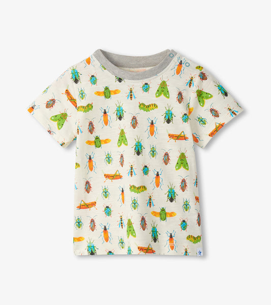 Cream short-sleeve toddler T-shirt with gray ribbed crew neck and colorful insect print, front view