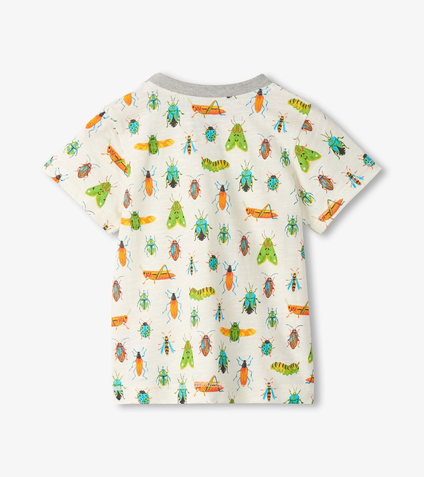 White short-sleeve toddler T-shirt with colorful insect print, front view