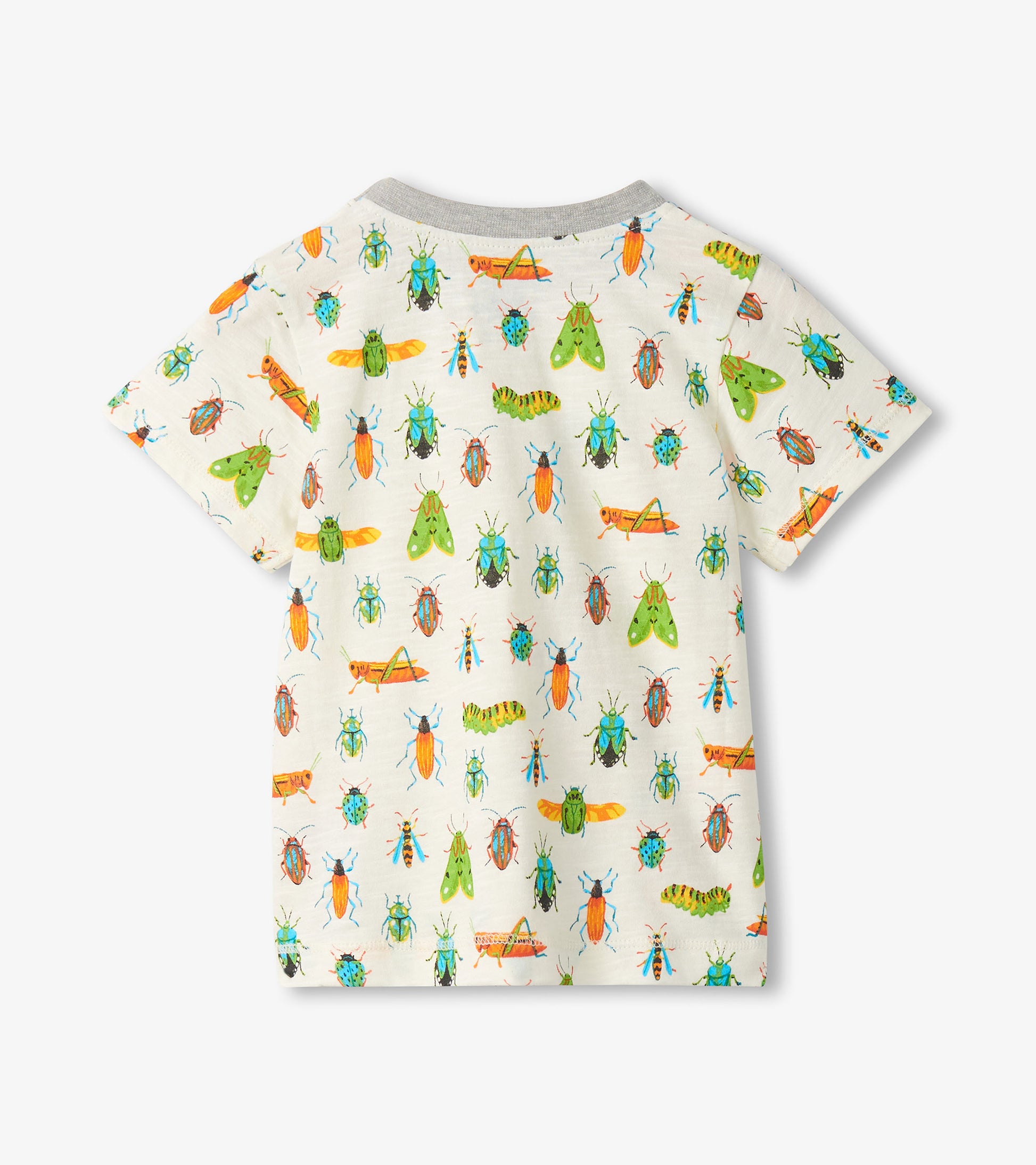 White short-sleeve toddler T-shirt with colorful insect print, front view