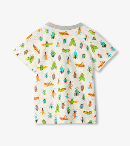 White short-sleeve toddler T-shirt with colorful insect print, front view