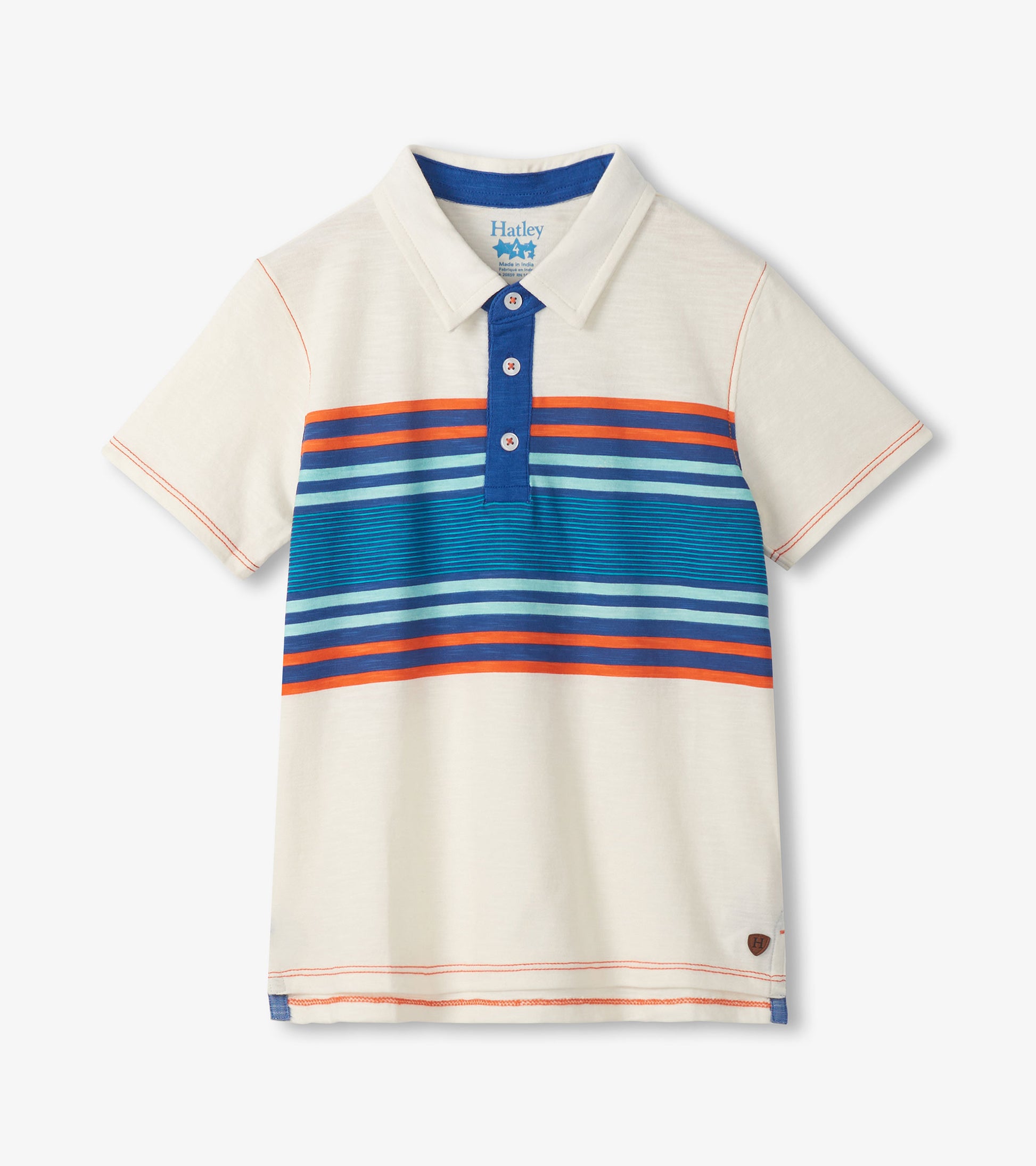 Boys short-sleeve polo shirt with cream body, blue collar, and multicolor horizontal stripes on front