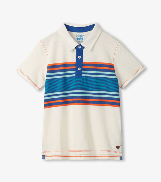 Boys short-sleeve polo shirt with cream body, blue collar, and multicolor horizontal stripes on front