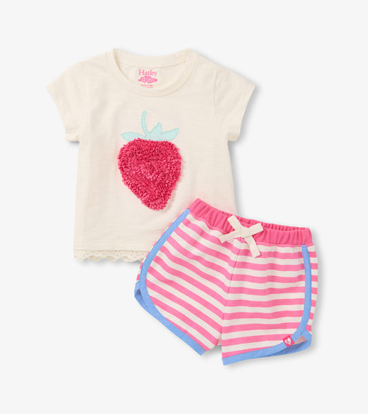 Cream short-sleeve T-shirt with pink strawberry applique and pink-and-white striped shorts with blue trim and bow.