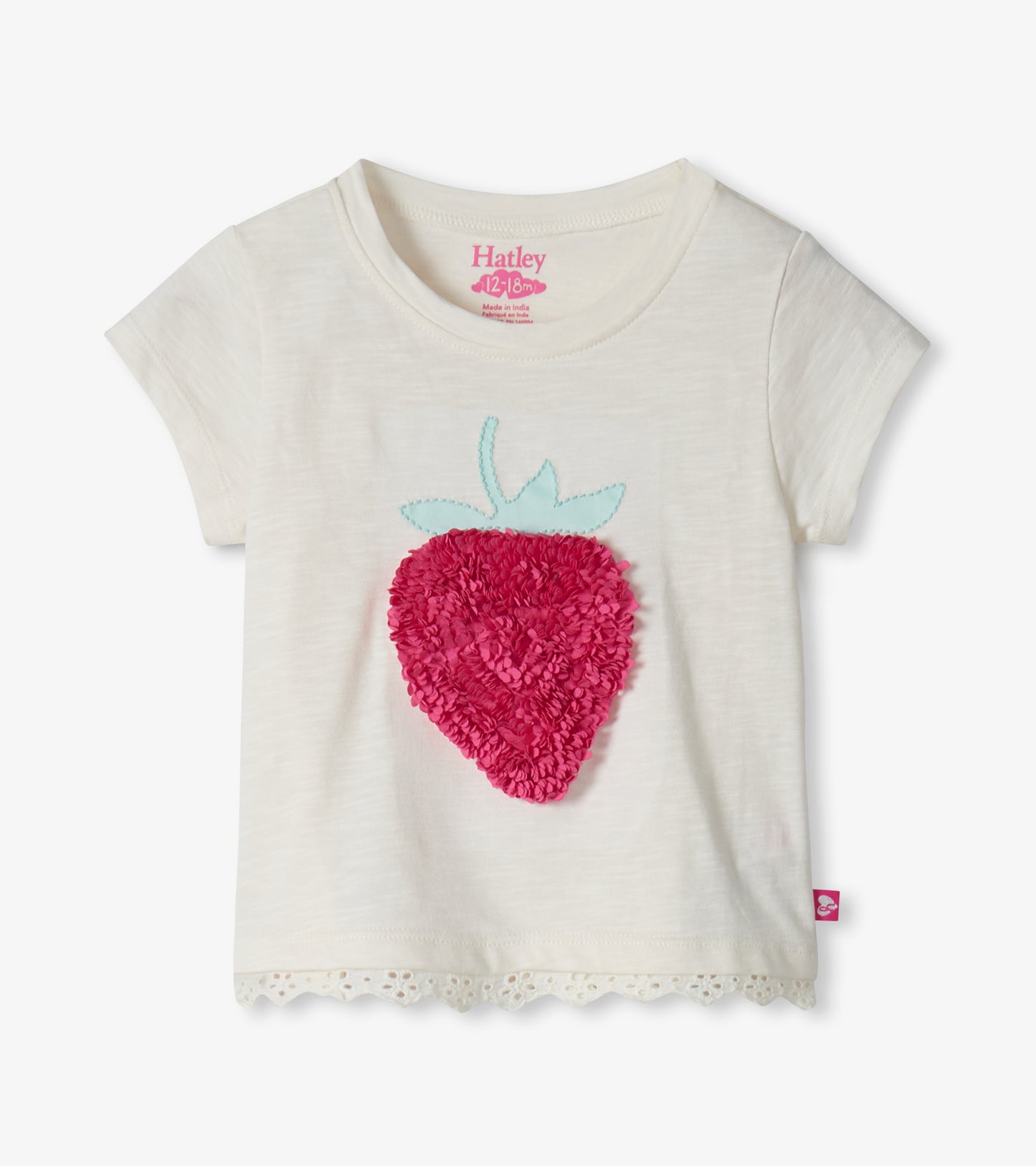 Cream short-sleeve toddler T-shirt with pink strawberry applique and lace hem, front view