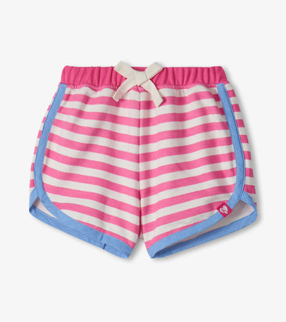 Pink and white striped toddler shorts with blue trim and elastic waistband, front view
