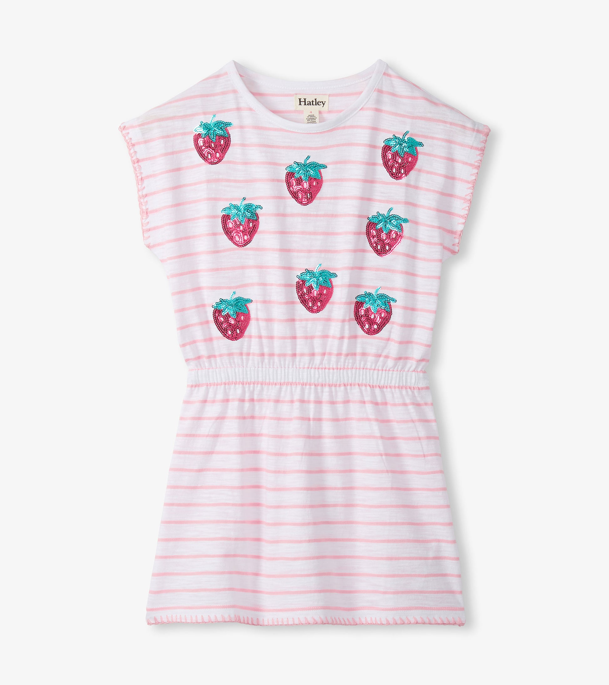 Girls white and pink striped dress with strawberry prints and cinched waist, front view