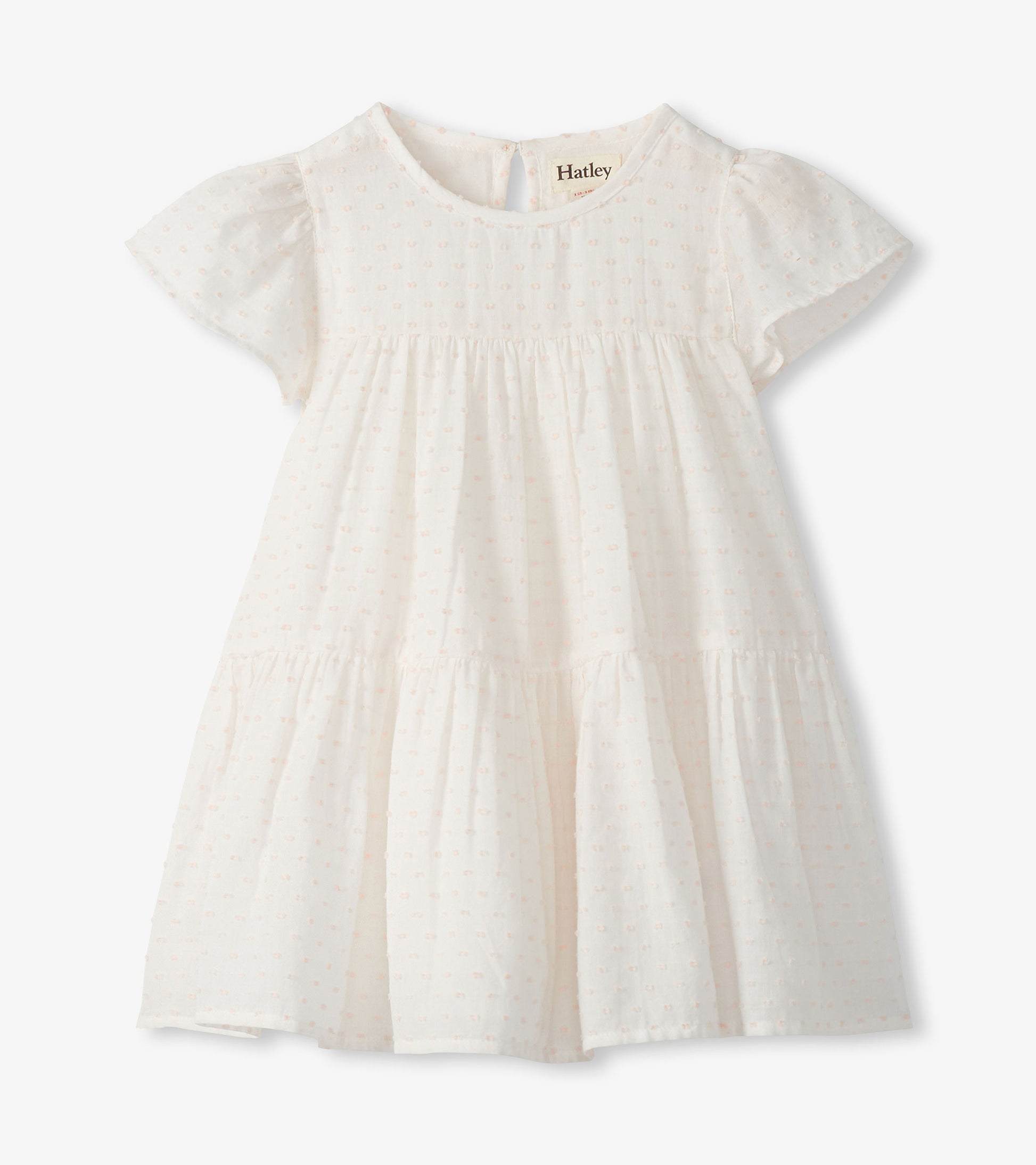Pearl Swiss dot toddler dress with short flutter sleeves, round neck, and tiered skirt on white background