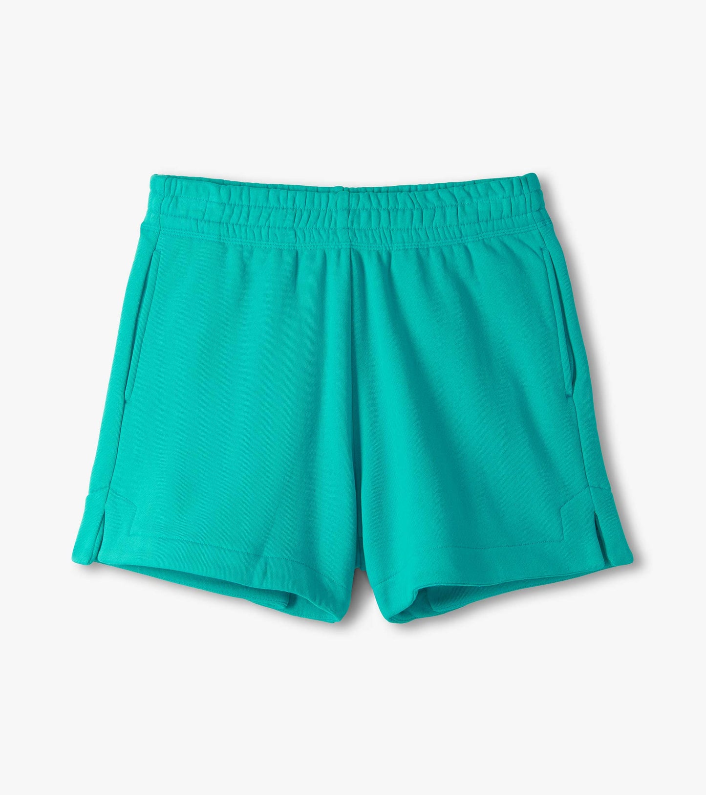 Turquoise pull-on shorts with elastic waistband and side pockets, front view