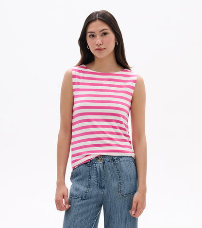 Sleeveless white tank with pink horizontal stripes, front view, worn with blue jeans.